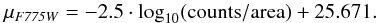 \begin{equation} \label{HSTmagnitude} \mu_{\mathit{F775W}} = -2.5 \cdot \log_{10}(\mathrm{counts}/\mathrm{area})+25.671. \end{equation}