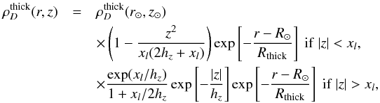 \appendix \setcounter{section}{2} \begin{eqnarray} \rho_{D}^{\rm thick}(r,z) &=& \rho_{D}^{\rm thick}(r_{\odot},z_{\odot}) \nonumber \\ && \times \left(1-\frac{z^2}{x_l (2h_z+x_l)}\right) \exp\left[-\frac{r-R_{\odot}}{R_{\rm thick}} \right]~\mathrm{if}~|z|<x_l, \nonumber\\ & & \times \frac{\exp(x_l/h_z)}{1+x_l/2h_z}\exp\left[-\frac{|z|}{h_z}\right] \exp \left[ -\frac{r-R_{\odot}}{R_{\rm thick}} \right]~ \mathrm{if}~|z|>x_l, \end{eqnarray}