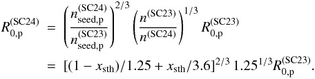 \appendix \setcounter{section}{1} \begin{eqnarray} R_{0,\rm p}^\mathrm{(SC24)} \!\!\!& = &\!\!\!\left(\frac{n_{\rm seed,p}^\mathrm{(SC24)}}{n_{\rm seed,p}^\mathrm{(SC23)}}\right)^{2/3} \left(\frac{n^\mathrm{(SC23)}}{n^\mathrm{(SC24)}}\right)^{1/3}R_{0,\rm p}^\mathrm{(SC23)} \nonumber\\ \!\!\! & = &\!\!\! [ (1-x_{\rm sth})/1.25+x_{\rm sth}/3.6]^{2/3}\,1.25^{1/3}R_{0,\rm p}^\mathrm{(SC23)}. \end{eqnarray}