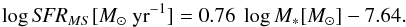 \begin{equation} \label{eq:MSrelation} \log {\it SFR}_{MS} [M_{\odot}~{\rm yr}^{-1}] = 0.76~ \log M_* [M_{\odot}]- 7.64. \end{equation}