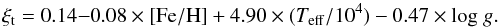 \begin{equation} \xi_{\rm t} = 0.14 {-} 0.08 \times {\rm [Fe/H]} + 4.90 \times (\Teff/10^4) - 0.47 \times {\rm log}~g. \label{formula1} \end{equation}