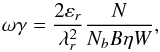 \begin{equation} \label{eq:narrowyield} \omega \gamma = \frac{2 \varepsilon_r}{\lambda_r^2} \frac{N}{N_b B \eta W}, \end{equation}
