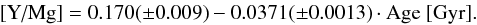 \begin{eqnarray} [\text{Y/Mg}] = 0.170(\pm0.009) - 0.0371(\pm 0.0013) \cdot \text{Age [Gyr].} \label{eq:ygmage} \end{eqnarray}
