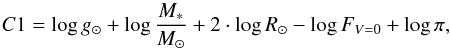\begin{equation} \label{eq:C1} C1 = \log g_\odot + \log {\frac{M_\ast}{M_\odot}} + 2\cdot \log R_\odot - \log F_{V=0} +\log \pi, \end{equation}