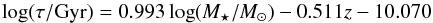 \begin{equation} \log(\tau/\mathrm{Gyr}) = 0.993 \log(\mstar/\msun) - 0.511 \mathit{z} -10.070 \label{eq_full_param} \end{equation}