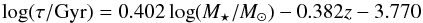 \begin{equation} \log(\tau/\mathrm{Gyr}) = 0.402 \log(\mstar/\msun) - 0.382 \mathit{z} -3.770 \label{eq_ms_param} \end{equation}