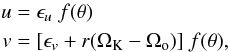 \begin{eqnarray} \label{spir-field} \begin{aligned} u & = \epsilon_u ~ f(\theta) \\ v & = [\epsilon_v + r(\Omega_{\rm K} - \Omega_{\rm o})] ~f(\theta), \end{aligned} \end{eqnarray}
