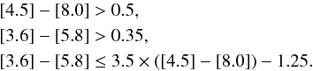 \begin{eqnarray*} && [4.5] - [8.0] > 0.5,\\ && [3.6] - [5.8] > 0.35,\\ && [3.6] - [5.8] \le 3.5 \times ([4.5] - [8.0]) - 1.25. \end{eqnarray*}