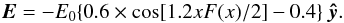 \begin{equation} \label{eq:E} \vec{E}= -E_{0}\{0.6 \times \cos[1.2xF(x)/2]-0.4\} ~ \vec{\hat{y}}. \end{equation}
