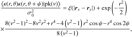 \begin{eqnarray} &&\frac{\left\langle \kappa(r,\theta) \kappa(r,\theta+\psi)|{\rm pk}(\nu)\right \rangle}{\sigma_{0}^{2}}=\xi(|\vec{r}_{x}-\vec{r}_{y}|)+\exp\left(-\frac{r^2}{2}\right)\notag\\ &&\times\frac{8 (\nu^{2}\!-\!1) ^2\!-\!8 \nu ^2 r^2 \!+\!r^4\!-\!4 \left(\nu ^2\!-\!1\right) r^2 \cos \psi \!-\!r^{4}\cos 2 \psi }{8 \left(\nu ^2\!-\!1\right)}, \end{eqnarray}