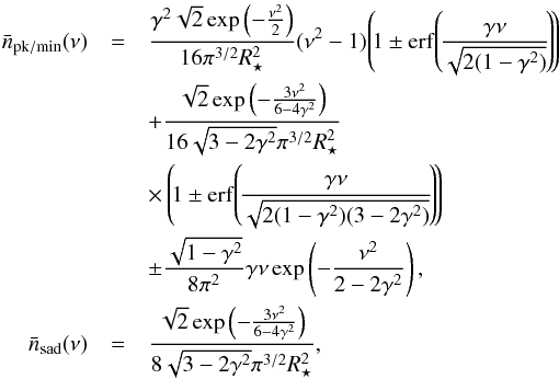 \begin{eqnarray} \bar n_{\rm pk/min}(\nu)&= &\frac{\gamma^{2}\sqrt 2\exp\left(-\frac{\nu^{2}}{2}\right)}{16\pi^{3/2}R_{\star}^{2}}(\nu^{2}-1)\!\left(\!1\pm{\rm erf}\!\left(\!\frac{\gamma\nu}{\sqrt{2(1-\gamma^{2})}}\!\right)\!\right)\!\nonumber\\ &&+ \frac{\sqrt 2\exp\left(-\frac{3\nu^{2}}{6-4\gamma^{2}}\right)}{16\sqrt{3-2\gamma^{2}}\pi^{3/2}R_{\star}^{2}}\notag\\ && \times \left(\!1\pm{\rm erf}\!\left(\!\frac{\gamma\nu}{\sqrt{2(1-\gamma^{2})(3-2\gamma^{2})}}\!\right)\!\right)\!\nonumber\\ &&\pm \frac{\sqrt{1-\gamma^{2}}}{8\pi^{2}}\gamma\nu\exp\left(-\frac{\nu^{2}}{2-2\gamma^{2}}\right)\nonumber , \\ \bar n_{\rm sad}(\nu)&=& \frac{\sqrt 2\exp\left(-\frac{3\nu^{2}}{6-4\gamma^{2}}\right)}{8\sqrt{3-2\gamma^{2}}\pi^{3/2}R_{\star}^{2}}\nonumber, \end{eqnarray}