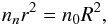 \begin{eqnarray} \label{n(r)} n_n r^2 = n_0 R^2, \end{eqnarray}