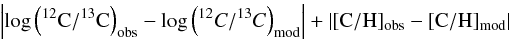 \begin{equation} \label{crit} \left| \log\left(\rm ^{12}C/^{13}C\right)_\text{obs} - \log\left(^{12}C/^{13}C\right)_\text{mod} \right| + \left| [{\rm C/H}]_\text{obs} - [{\rm C/H}]_\text{mod} \right| \end{equation}