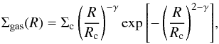 \begin{equation} \Sigma_{\rm gas} (R)= \Sigma_{\rm c} \left(\frac{R}{R_{\rm c}}\right)^{-\gamma} \exp{ \left[ -\left( \frac{R}{R_{\rm c}} \right)^{2-\gamma} \right] }, \label{eq:surf_dens} \end{equation}