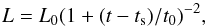 \begin{equation} \label{eq:magnetar} L=L_0 (1+(t-t_{\rm s})/t_0)^{-2} , \end{equation}