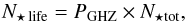 \begin{equation} N_{\star \,\rm life}=P_{\rm GHZ} \times N_{\star\rm tot} , \label{star} \end{equation}