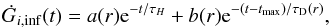 \begin{equation} \dot {G}_{i,\rm inf}(t) = a(r) {\rm e}^{-t/ \tau_{H}}+ b(r) {\rm e}^{-(t-t_{\rm max})/ \tau_{\rm D}(r)}, \end{equation}
