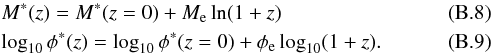 \appendix \setcounter{section}{2} \begin{eqnarray} &&M^*(z)=M^*(z=0)+M_{\rm e} \ln(1+z) \label{eq:defmevol} \\ &&\log_{10}\phi^*(z)=\log_{10}\phi^*(z=0)+\phi_{\rm e} \log_{10}(1+z). \label{eq:defphievol} \end{eqnarray}
