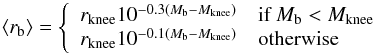 \begin{equation} \langle r_{\rm b} \rangle = \left\{ \begin{array}{ll} r_{\rm knee} 10^{- 0.3(M_{\rm b}-M_{\rm knee})} & \text{if } M_{\rm b} < M_{\rm knee} \\ r_{\rm knee} 10^{-0.1(M_{\rm b}-M_{\rm knee})} & \mbox{otherwise} \end{array}\right. \end{equation}