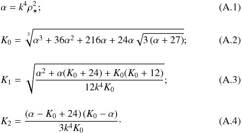 \appendix \setcounter{section}{1} \begin{eqnarray} &&\alpha = k^{4}\rho_\star^2;\\[4mm] &&K_0=\sqrt[3]{\alpha^3+36 \alpha^2+216 \alpha +24 \alpha \sqrt{3 \left(\alpha+27\right)}} ; \\[4mm] &&K_1=\sqrt{\frac{\alpha^2+\alpha(K_0+24)+K_0 (K_0+12)}{12 k^4 K_0}}; \\[4mm] &&K_2=\frac{\left(\alpha-K_0+24\right) \left(K_0-\alpha\right)}{3 k^4 K_0}\cdot \end{eqnarray}