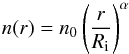 \begin{equation} n (r) = n_0 \left(\frac{r}{R_\mathrm{i}}\right)^\alpha \label{eq:dendist} \end{equation}