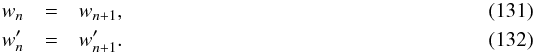 \begin{eqnarray} w_n &= &w_{n+1},\label{eq:BC1_finite}\\ w'_n &=& w'_{n+1}.\label{eq:BC2_finite} \end{eqnarray}