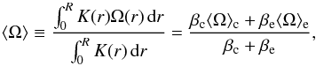 \begin{equation} \omtot \equiv \frac{\int_0^R K(r)\Omega(r)\,\hbox{d}r}{\int_0^R K(r)\,\hbox{d}r} = \frac{\beta_{\rm c}\omc+\beta_{\rm e}\ome}{\beta_{\rm c}+\beta_{\rm e}}, \label{eq_omtot} \end{equation}