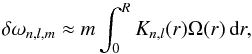 \begin{equation} \delta\omega_{n,l,m} \approx m \int_0^R K_{n,l}(r) \Omega(r) \,\hbox{d}r, \label{eq_split_inv} \end{equation}
