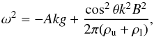 \begin{equation} \label{rtgrow2} \omega^2 = -Akg + \frac{\cos^2\theta k^2 B^2}{2 \pi (\rho_{\rm u} + \rho_{\rm l})}, \end{equation}
