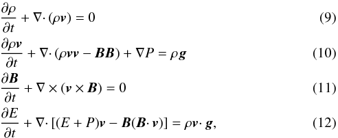 \begin{eqnarray} \label{mhd1} &&\frac{\partial \rho}{\partial t} + \nabla \cdotp (\rho \vec{v}) = 0 \\ \label{mhd2} &&\frac{\partial \rho \vec{v}}{\partial t} + \nabla \cdotp (\rho \vec{v} \vec{v} - \vec{BB}) + \nabla P = \rho \vec{g} \\ \label{mhd3} &&\frac{\partial \vec{B}}{\partial t} + \nabla \times (\vec{v} \times \vec{B}) = 0 \\ \label{mhd4} &&\frac{\partial E}{\partial t} + \nabla \cdotp [(E + P) \vec{v} - \vec{B}(\vec{B} \cdotp \vec{v})] = \rho \vec{v} \cdotp \vec{g}, \end{eqnarray}