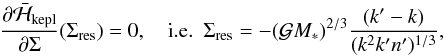 \begin{equation} \frac{\partial \bar\Ha_{\rm kepl}}{\partial \SIGMAONA} (\SIGMAONA_{\rm res})=0, \quad {\rm i.e.} ~~ \SIGMAONA_{\rm res} = - (\GravC M_*)^{2/3} \frac{(k'-k)}{(k^2 k' n')^{1/3}}, \label{eq:LocationOfExactResonance} \end{equation}