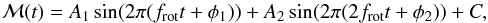 \begin{equation} \Magr(t) = A_1 \sin (2\pi(f_{\rm rot}t + \phi_1)) + A_2\sin(2\pi(2f_{\rm rot}t + \phi_2)) + C, \label{eq:secondordersine} \end{equation}