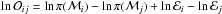 \hbox{$\ln \mathcal{O}_{ij} = \ln \pi(\mathcal{M}_i) - \ln \pi (\mathcal{M}_j) + \ln \mathcal{E}_i - \ln \mathcal{E}_j $}