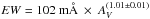 \hbox{$ {EW} = 102\ \mathrm{m}\AA\ \times\ A_{V}^{(1.01 \pm 0.01)}$}