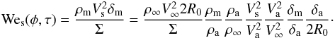 \appendix \setcounter{section}{2} \begin{eqnarray} {\rm{We}}_{\rm{s}}(\phi,\tau) = \frac{\rho_{\rm{m}}V^2_{\rm{s}}\delta_{\rm{m}}}{\Sigma} = \frac{\rho_{\rm{\infty}}V^2_{\rm{\infty}}2R_0}{\Sigma}\frac{\rho_{\rm{m}}}{\rho_{\rm{a}}}\frac{\rho_{\rm{a}}}{\rho_{\rm{\infty}}}\frac{V^2_{\rm{s}}}{V^2_{\rm{a}}} \frac{V^2_{\rm{a}}}{V^2_{\rm{\infty}}}\frac{\delta_{\rm{m}}}{\delta_{\rm{a}}}\frac{\delta_{\rm{a}}}{2R_0}\cdot \end{eqnarray}