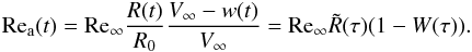 \appendix \setcounter{section}{2} \begin{eqnarray*} {\rm{Re_a}}(t) = {\rm{Re_\infty}} \frac{{R(t)}}{{R_0}} \frac{{V_\infty - w(t)}}{{V_\infty}} = {\rm{Re_\infty}} \tilde R (\tau) (1- W(\tau)). \end{eqnarray*}
