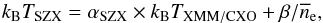 \begin{equation} k_{\rm B} \TSZ = \alpha_{\rm SZX} \times k_{\rm B} \TXXC+ {\beta}/{\overline{n}_{\rm e}}, \label{eq:TSZ_TX_regression} \end{equation}