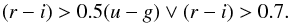 \begin{equation} (r - i) > 0.5(u - g) \vee (r - i) > 0.7. \end{equation}