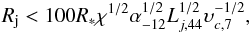 \begin{equation} R_{\rm j} < 100 R_* \chi^{1/2}\alpha_{-12}^{1/2} L_{j,44}^{1/2} \upsilon_{c,7}^{-1/2}, \label{eq:mdc} \end{equation}
