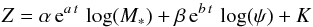 \begin{equation} Z = \alpha\, {\rm e}^{a\,t}\,\log (M_\ast)+\beta\, {\rm e}^{b\,t}\, \log(\psi) + K \label{eq1} \end{equation}