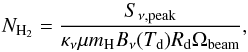 \begin{equation} N_\mathrm{H_{2}} = \frac{S_{\nu\mathrm{,peak}}}{\kappa_\nu \mu m_\mathrm{H} B_\nu(T_\mathrm{d}) R_\mathrm{d} \Omega_\mathrm{beam}}, \label{ecol} \end{equation}