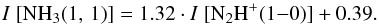 \begin{equation} I~[{\rm NH_3} (1,\,1)] = 1.32\cdot I~[{\rm N_2H^{+}} (1{-}0)] + 0.39. \label{eq:N2Hp_NH3} \end{equation}