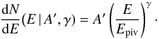 \begin{equation} \frac{{\rm d}N}{{\rm d}E}\big(E\,|\,A',\gamma) = A' \left(\frac{E}{E_{\rm piv}}\right)^\gamma \cdot \label{eq:pl} \end{equation}