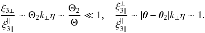\begin{equation} \frac{\xi_{3\perp}}{\xi_{3\parallel}^{\parallel}} \sim \Theta_2 k_{\perp} \eta \sim \frac{\Theta_2}{\Theta} \ll 1 , \;\;\; \frac{\xi_{3\parallel}^{\perp}}{\xi_{3\parallel}^{\parallel}} \sim | \vec\theta - \vec\theta_2 | k_{\perp} \eta \sim 1 . \label{xi3-kSZ-comparison} \end{equation}