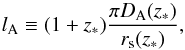 \begin{equation} l_{\rm A}\equiv(1+z_*)\frac{\pi D_{\rm A}(z_*)}{r_{\rm s}(z_*)} , \end{equation}