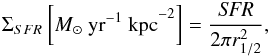 \begin{equation} \Sigma_{SFR} \left[M_{\odot}~{\rm yr^{-1}~kpc}^{-2}\right] = \frac{{\it SFR}}{2\pi r_{\mathrm {1/2}}^2}, \end{equation}