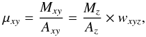 \begin{equation} \mu_{xy}=\frac{M_{xy}}{A_{xy}}=\frac{M_{z}}{A_{z}} \times w_{xyz} , \end{equation}