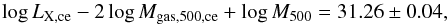 \begin{equation} \log L_{\rm X,ce} -2 \log M_{\rm gas,500,ce} +\log M_{500} = 31.26\pm 0.04 , \end{equation}