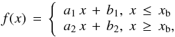 \begin{equation} \label{Eq:fit_fx} f(x)\,=\, \left \{ \begin{array}{l} a_{1}\, x\, +\, b_{1}, ~x \, \leq \, x_{\rm b}\\ a_{2}\, x\, +\, b_{2}, ~x \, \geq \, x_{\rm b} , \end{array} \right . \end{equation}