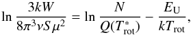 \begin{equation} \label{E2} \ln{\frac{3kW}{8\pi^3\nu S\mu^2}} = \ln{\frac{N}{Q(T^{*}_{\rm rot})}}-\frac{E_{\rm U}}{k T_{\rm rot}}, \end{equation}